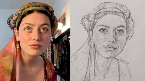Pencil portrait of a woman looking up drawn with the Loomis Method