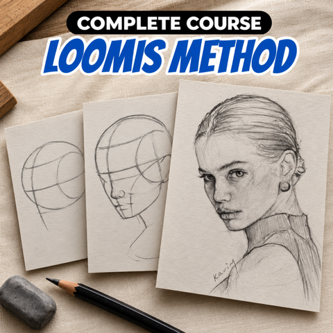 Loomis Method course: three pencil stages of one portrait, from the Loomis ball to the finished drawing