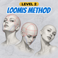 Loomis Method Level 2: heads looking up, looking down and tilted, with the Loomis construction lines